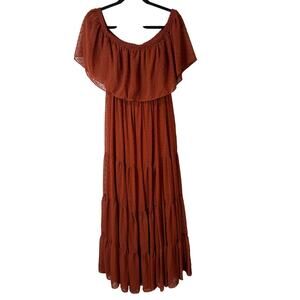 Baltic Born Women's Swiss Dot Tiered Maxi Dress Burnt Orange Medium Off Shoulder